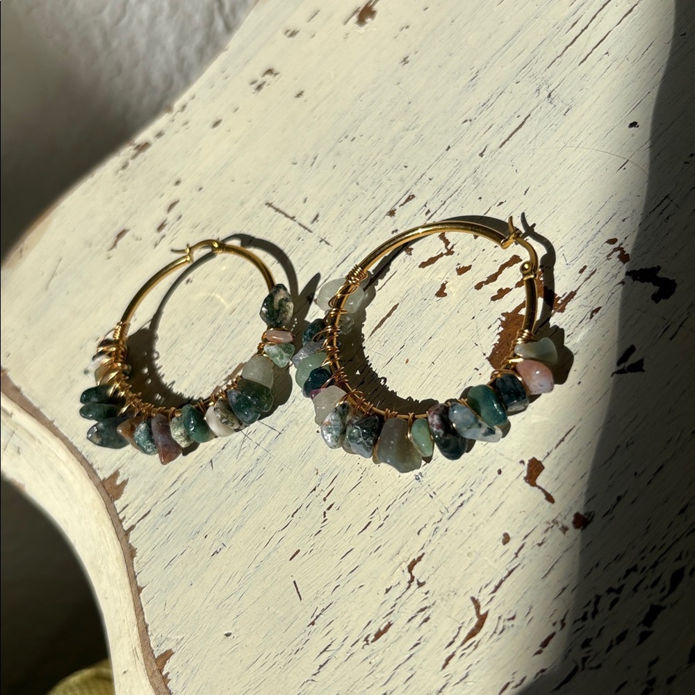 NEW Handmade Gold Hoop Earrings Wired Colorful Stones Hypoallergenic Boho Hoops